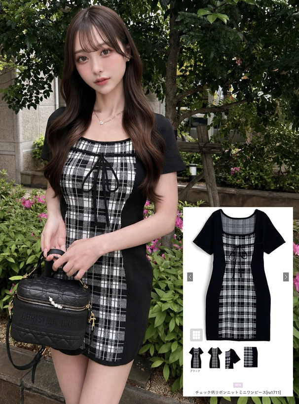 チェック柄リボンニットミニワンピース