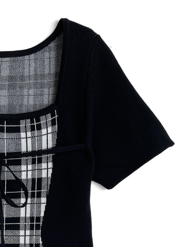 チェック柄リボンニットミニワンピース