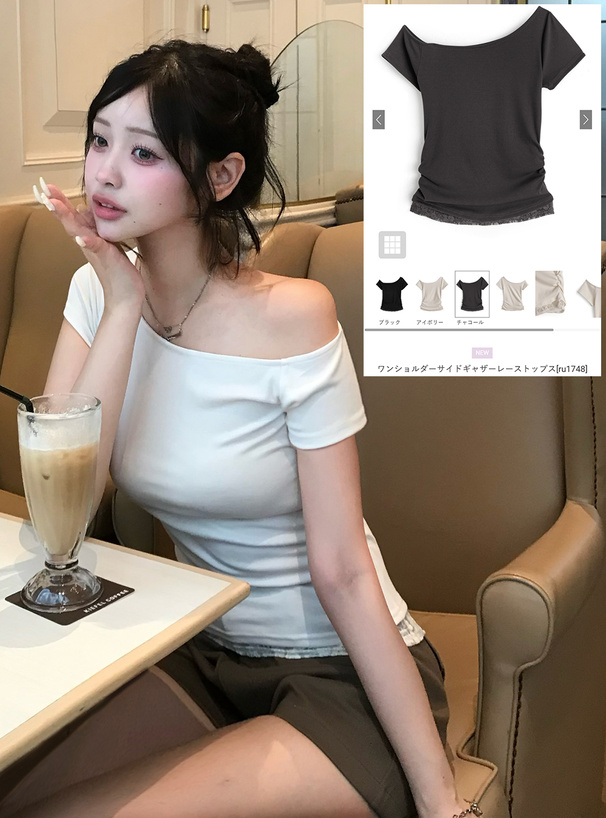 ワンショルダーサイドギャザーレーストップス