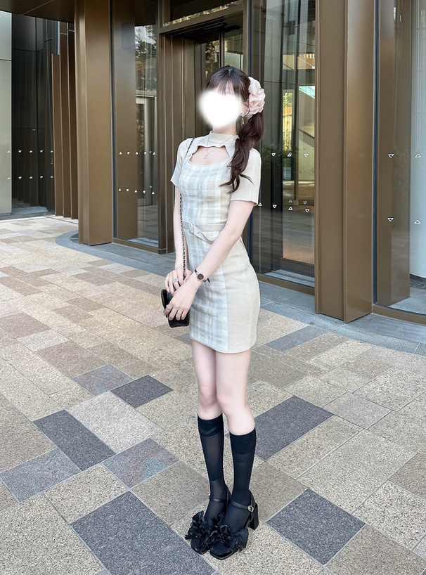ベルト付きチェック柄フロントオープンワンピース