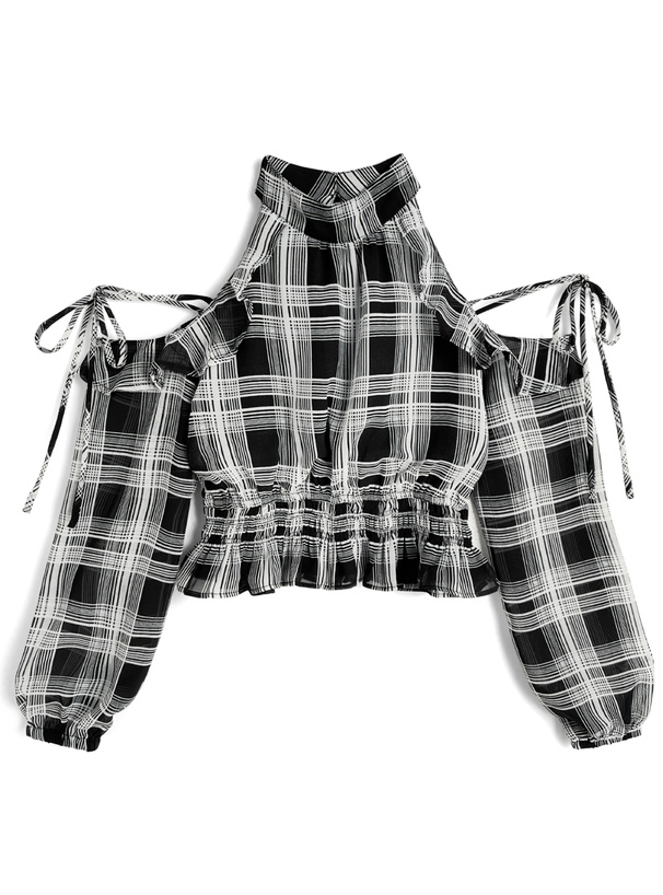 チェック柄リボンショルダーオープンアメスリブラウス[ru1760]