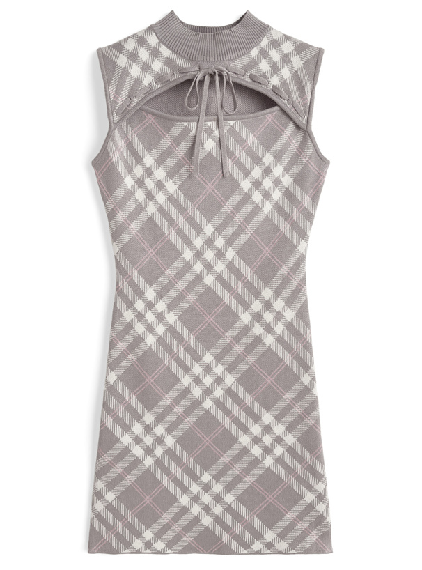 チェック柄フロントオープンリボンノースリーブニットミニワンピース