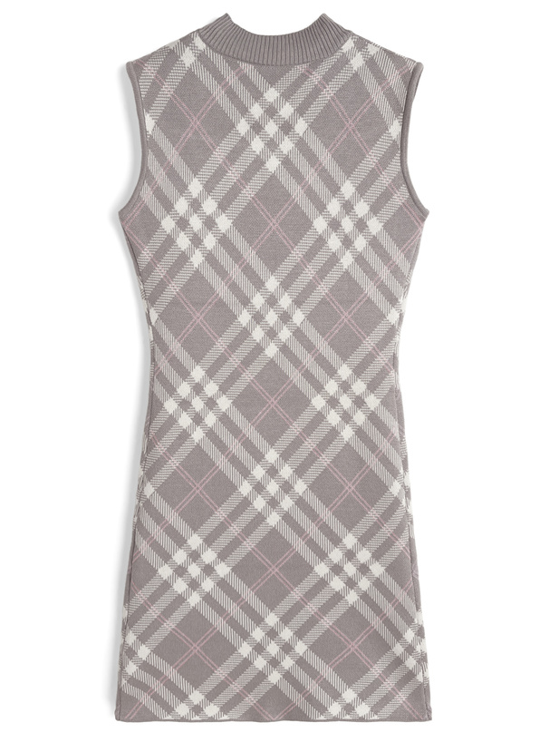 チェック柄フロントオープンリボンノースリーブニットミニワンピース