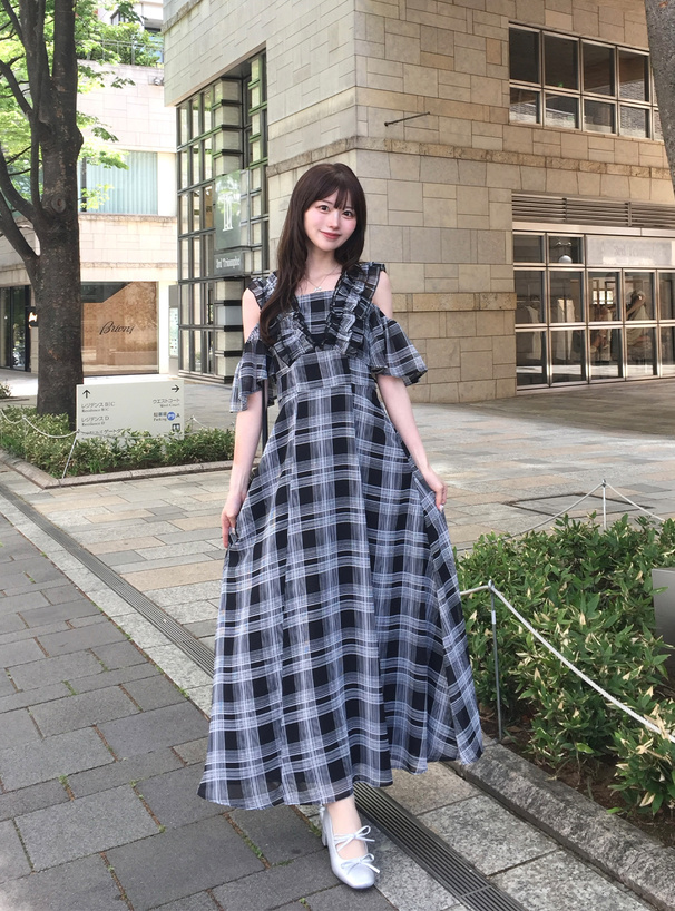 2Wayチェック柄フリルショルダーオープンワンピース