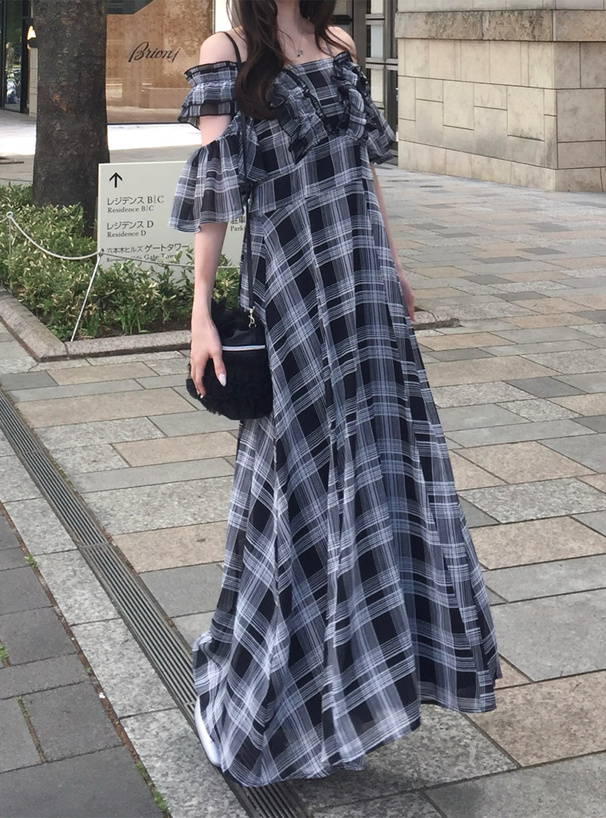 2Wayチェック柄フリルショルダーオープンワンピース