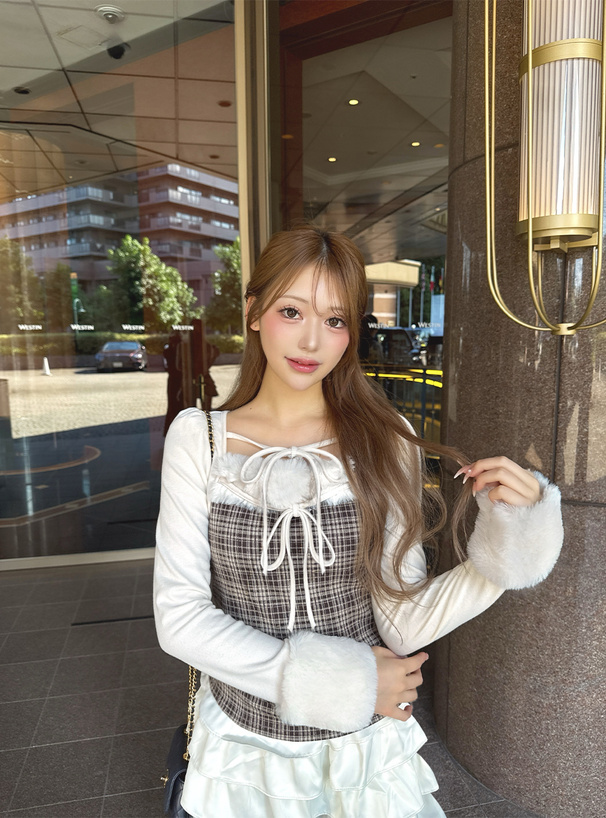 チェック柄レイヤード風ファートップス