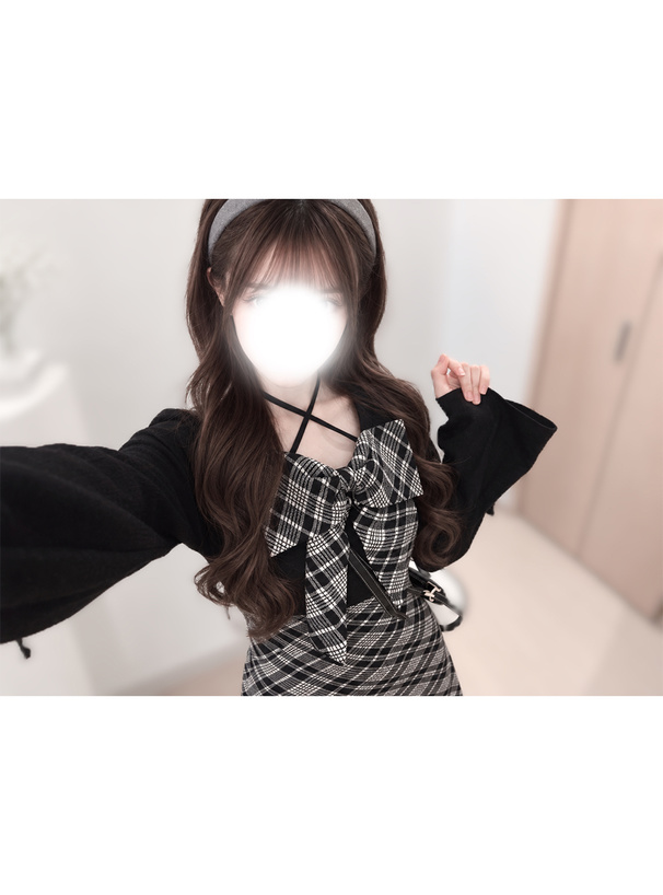 チェック柄ビッグリボン切替ニットミニワンピース