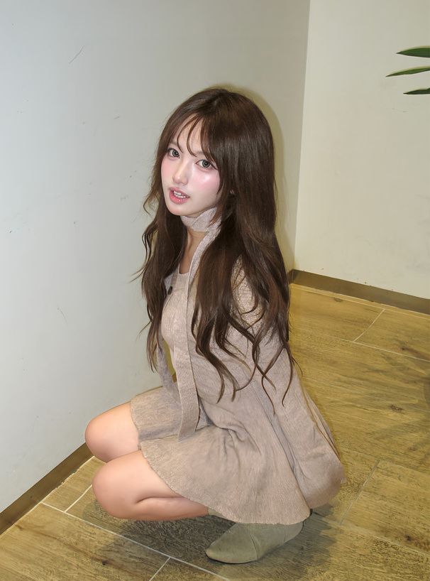 タイ付きペプラムチュニック×ショートパンツニットセットアップ