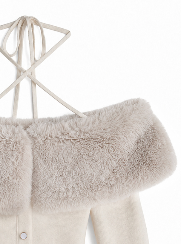 ファーオフショルダーニットミニワンピース