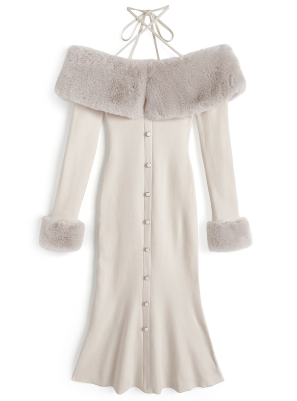 ファーオフショルダーマーメイドニットワンピース