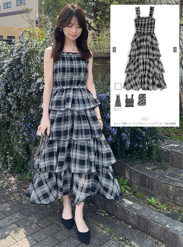 チェック柄シャーリングキャミソールワンピース