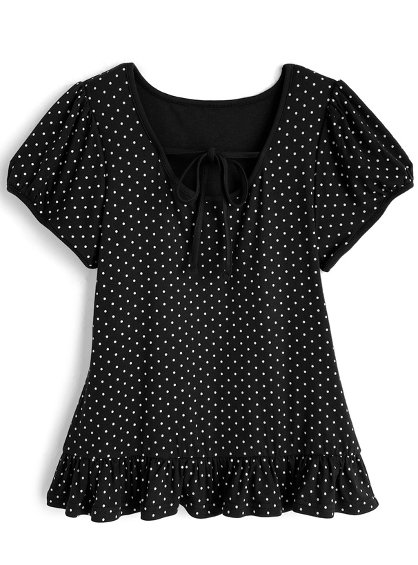 ドット柄配色リボンフリルトップス[ru1859]