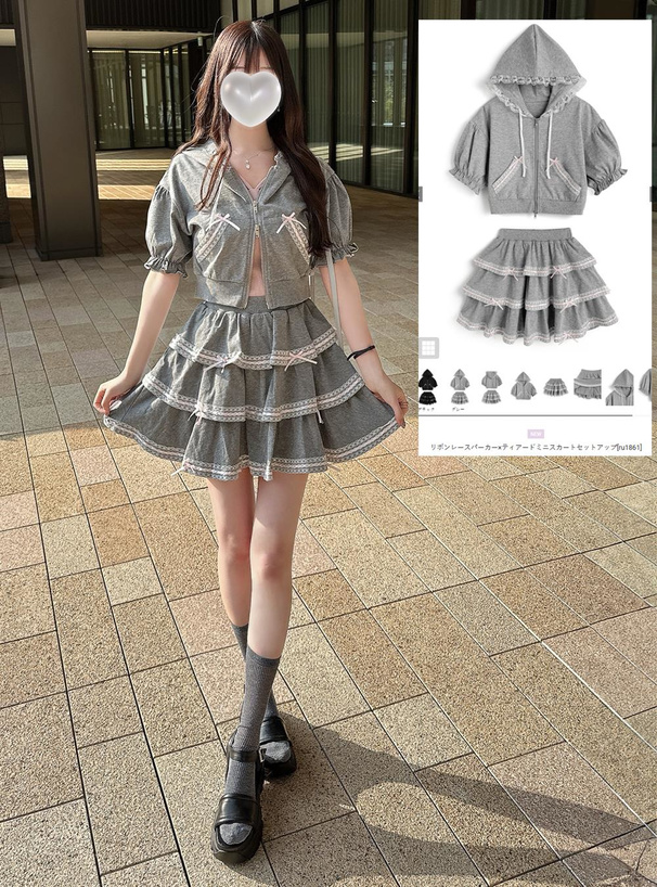 セット スカート パーカー ラッセルノ レディース 新品 サイズM相当 リボンレースパーカー×ティアードミニスカートセットアップ[ru1861 アイボリ レディースウェア
