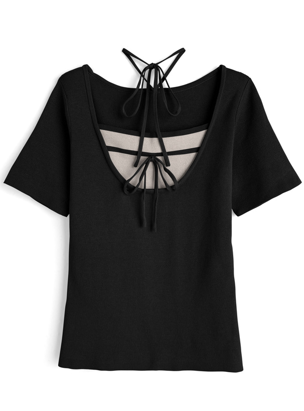 配色レイヤード風ネックリボンニットトップス