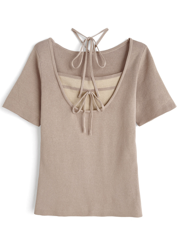 配色レイヤード風ネックリボンニットトップス