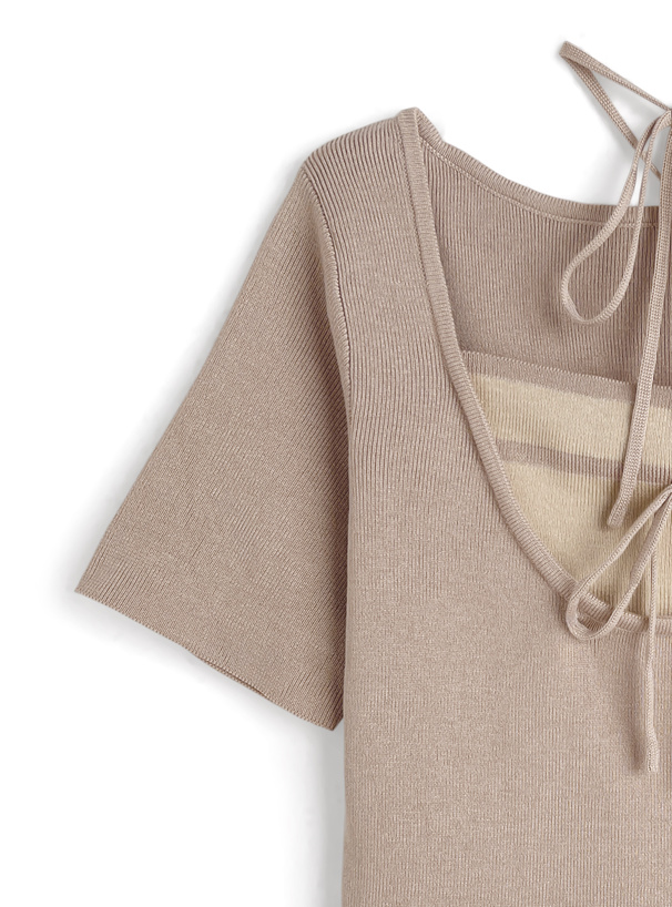 配色レイヤード風ネックリボンニットトップス