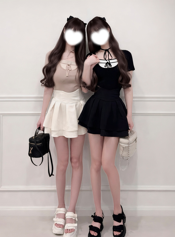 配色レイヤード風ネックリボンニットトップス