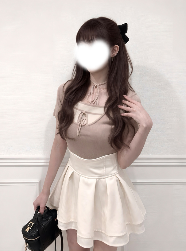 配色レイヤード風ネックリボンニットトップス