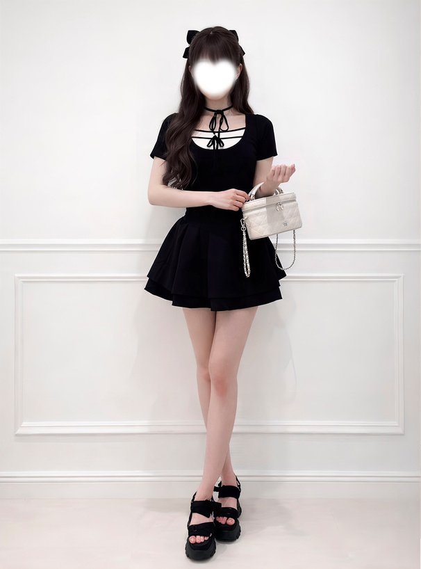 配色レイヤード風ネックリボンニットトップス