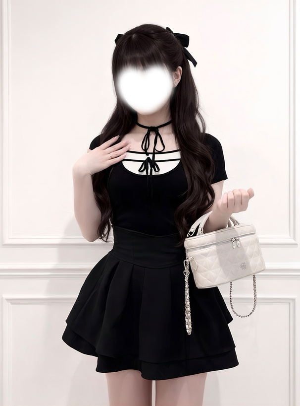 配色レイヤード風ネックリボンニットトップス