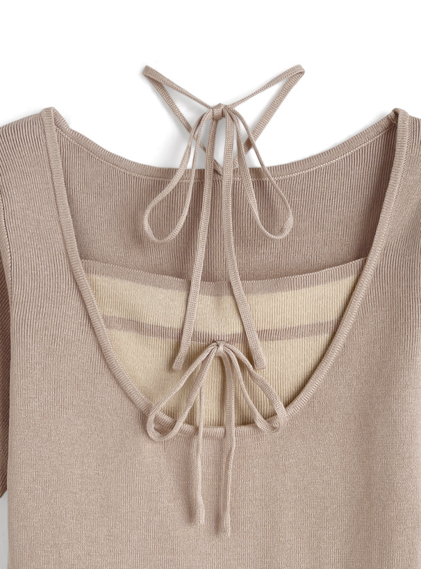 配色レイヤード風ネックリボンニットトップス