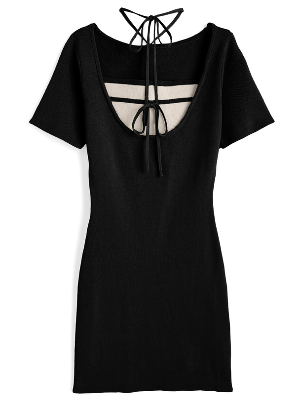 配色レイヤード風リボンニットミニワンピース