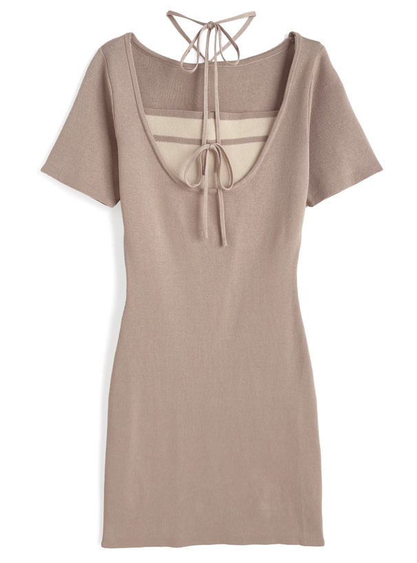 配色レイヤード風リボンニットミニワンピース