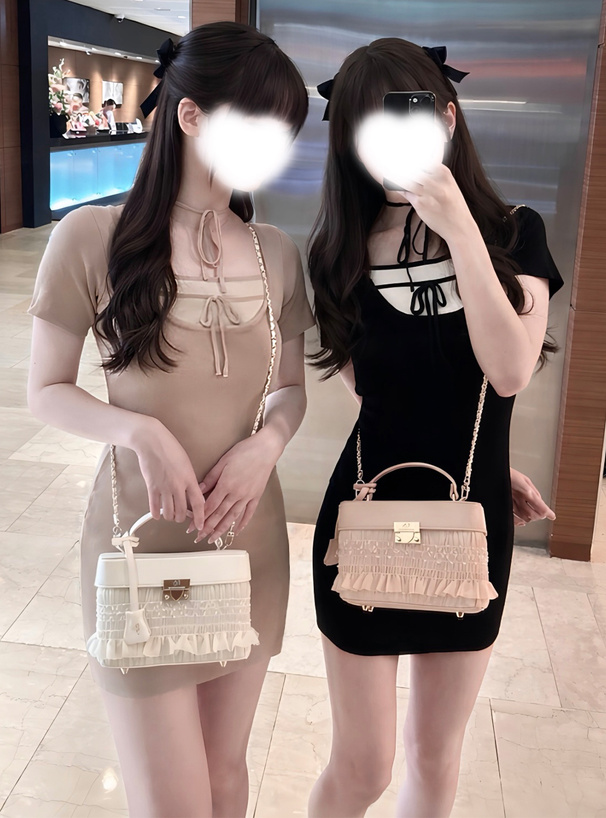 配色レイヤード風リボンニットミニワンピース