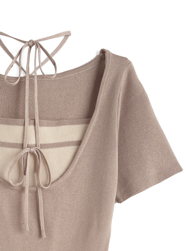 配色レイヤード風リボンニットミニワンピース