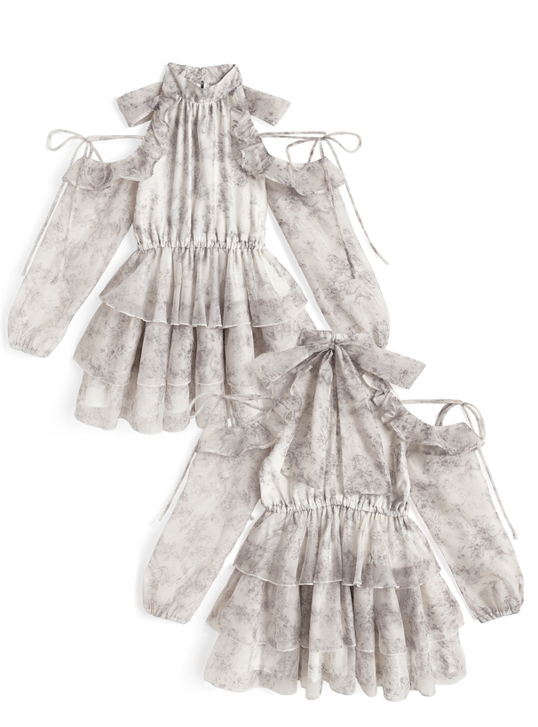 花柄ショルダーオープンリボンアメスリティアードミニワンピース[ru1866]