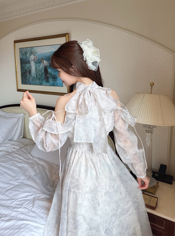 花柄ショルダーオープンリボンアメスリロングワンピース