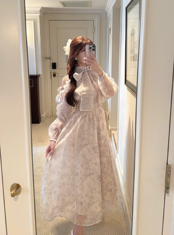 花柄ショルダーオープンリボンアメスリロングワンピース[ru1867
