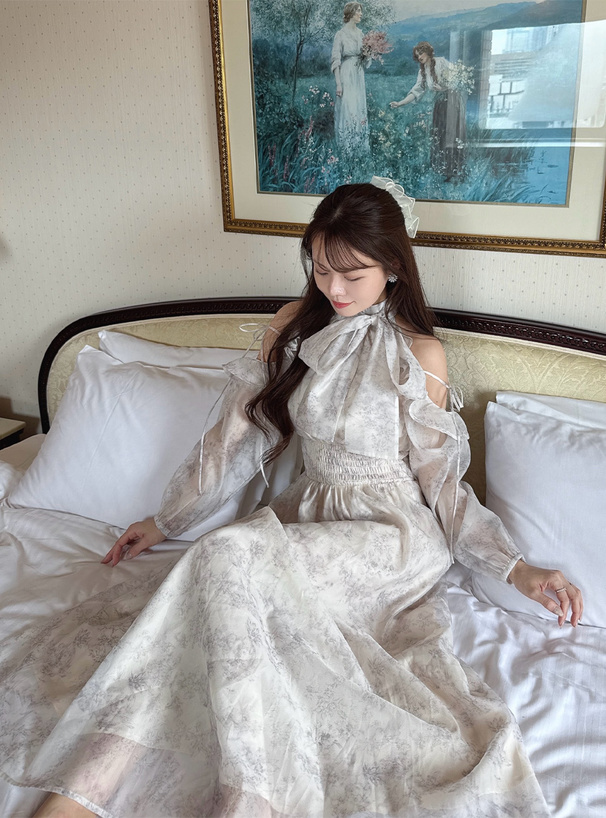花柄ショルダーオープンリボンアメスリロングワンピース[ru1867