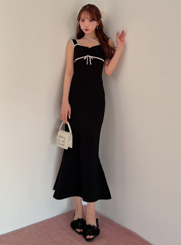 配色ホルターネックキャミソールニットワンピース