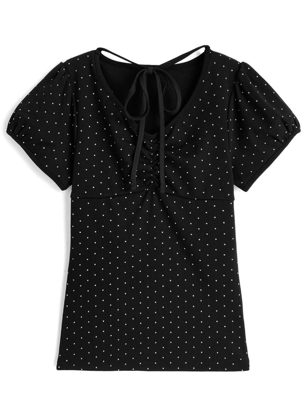 ドット柄ネックリボンギャザートップス