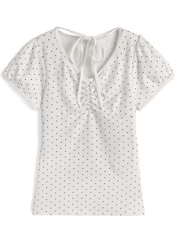 ドット柄ネックリボンギャザートップス