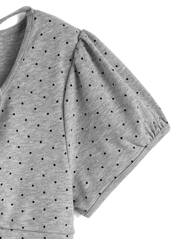 ドット柄ネックリボンギャザートップス