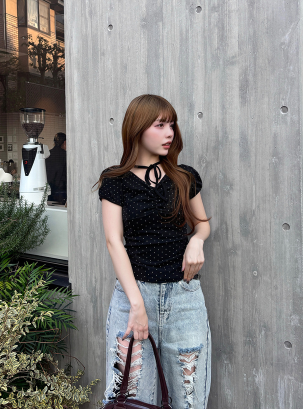 ドット柄ネックリボンギャザートップス