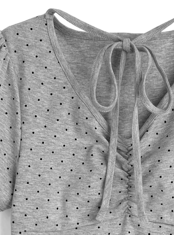 ドット柄ネックリボンギャザートップス