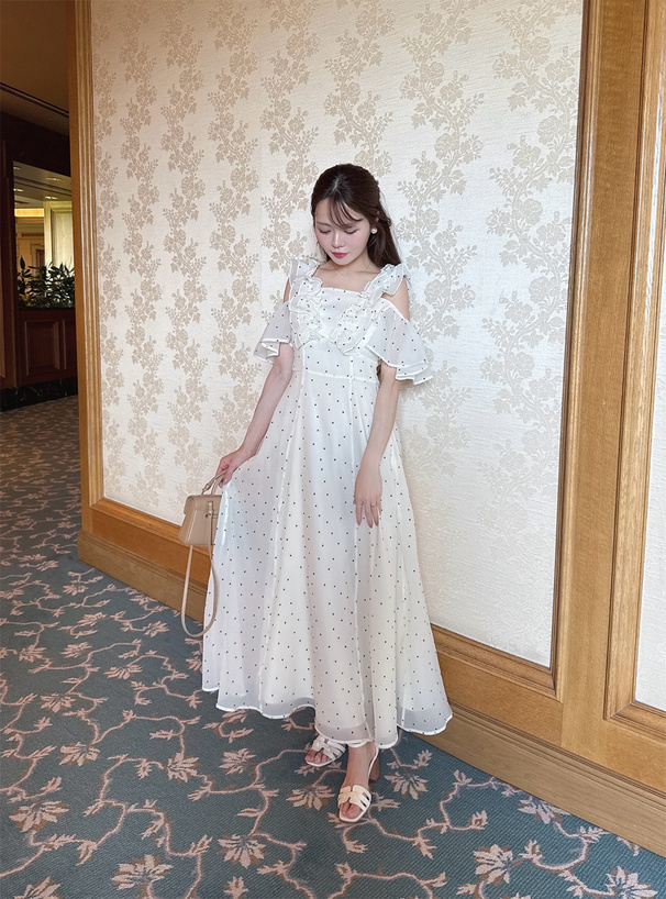 2Wayドット柄ショルダーオープンフリルワンピース