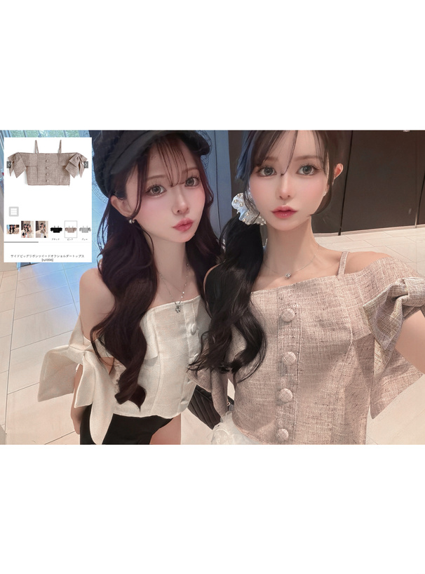サイドビッグリボンツイードオフショルダートップス