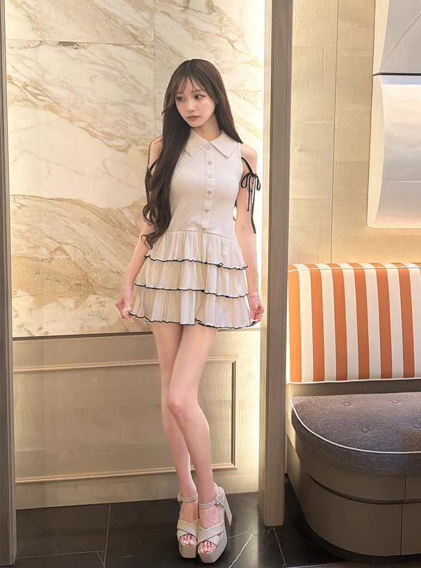 配色リボンノースリーブティアードミニワンピース