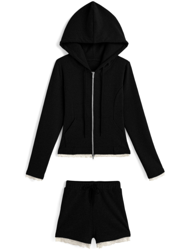 レーストリムダブルジップパーカー×ショートパンツセットアップ