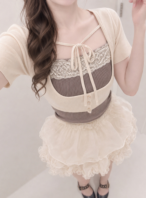 配色レイヤード風レースニットトップス