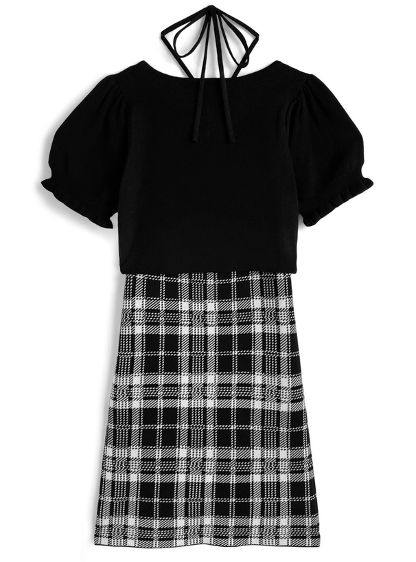 チェック柄キャミソールワンピース×クロップドトップスニットアンサンブル