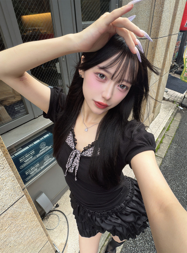 レオパード柄ホルターネックレイヤード風リブトップス