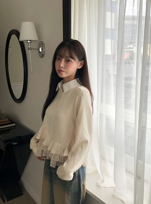 配色カラーウェーブフリルドッキングトップス