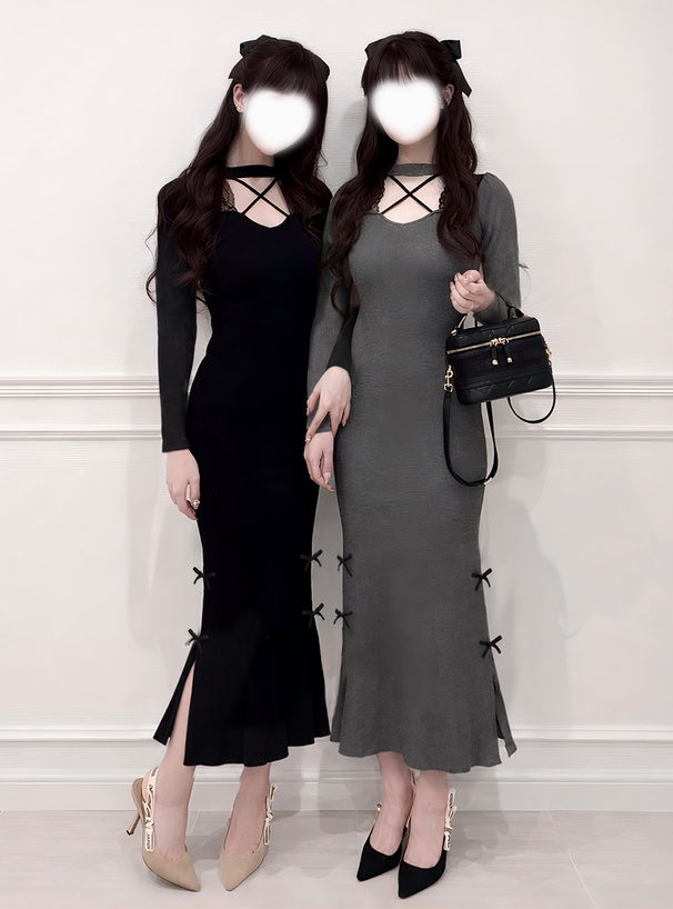 クロスネックレースリボンリブニットワンピース