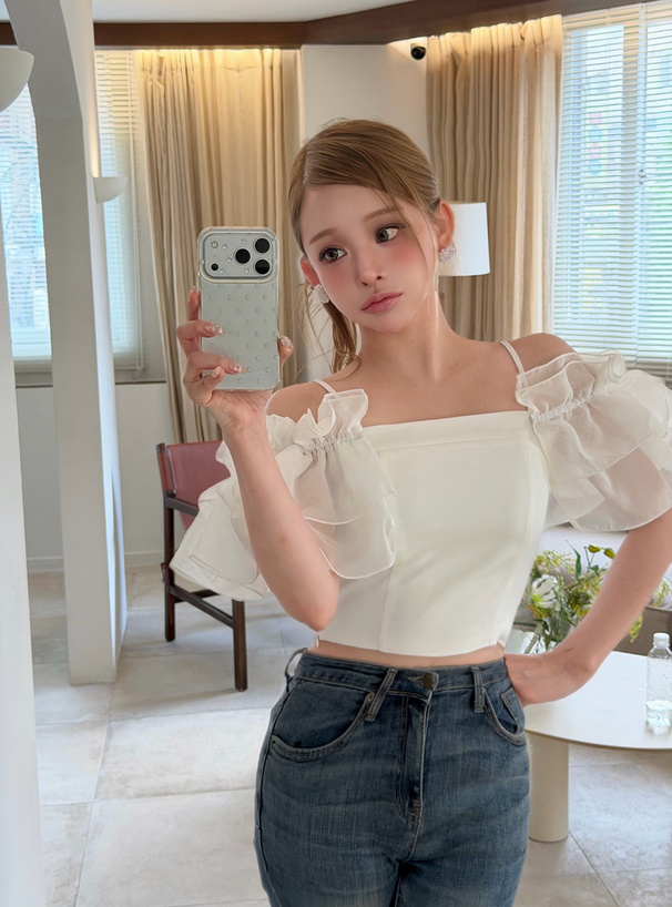 オーガンジーフリルオフショルダートップス