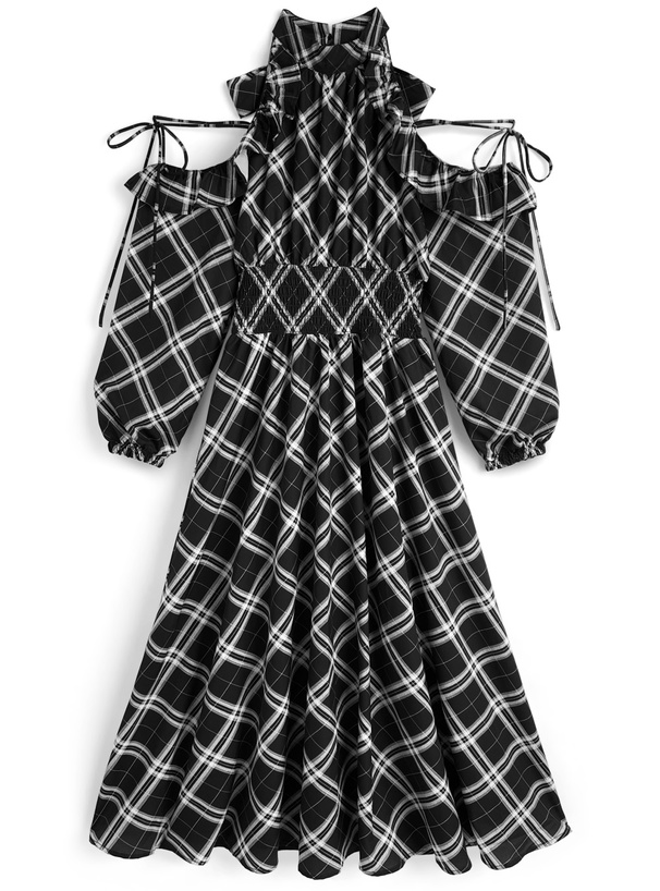 チェック柄ショルダーオープンアメスリロングワンピース